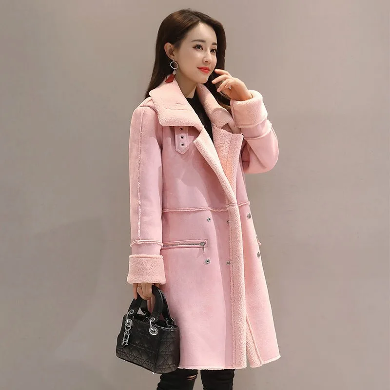 HEE GRAND/женские теплые зимние пальто, большие размеры XXL, новые толстые парки из искусственного меха, Лоскутные Длинные Куртки из искусственной замши, женские WWC166 - Цвет: Розовый