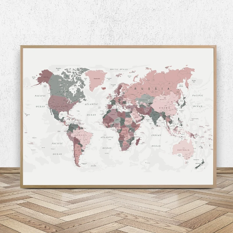 World-Map-Canvas-Painting-Blush-Pink-Hunter-Green-Map-of-the-World-Poster-Dorm-Decor-Modern