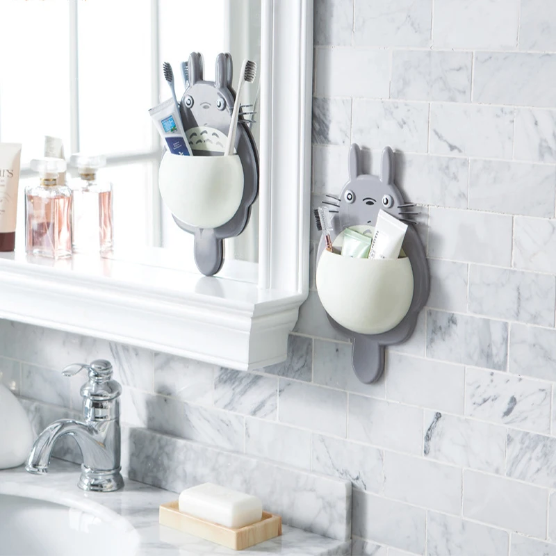 

Cute Totoro Toothbrush Holder Powerful Suction Cup Toothbrush Toothpaste Storage Shelf Bathroom Suction Wall Holder