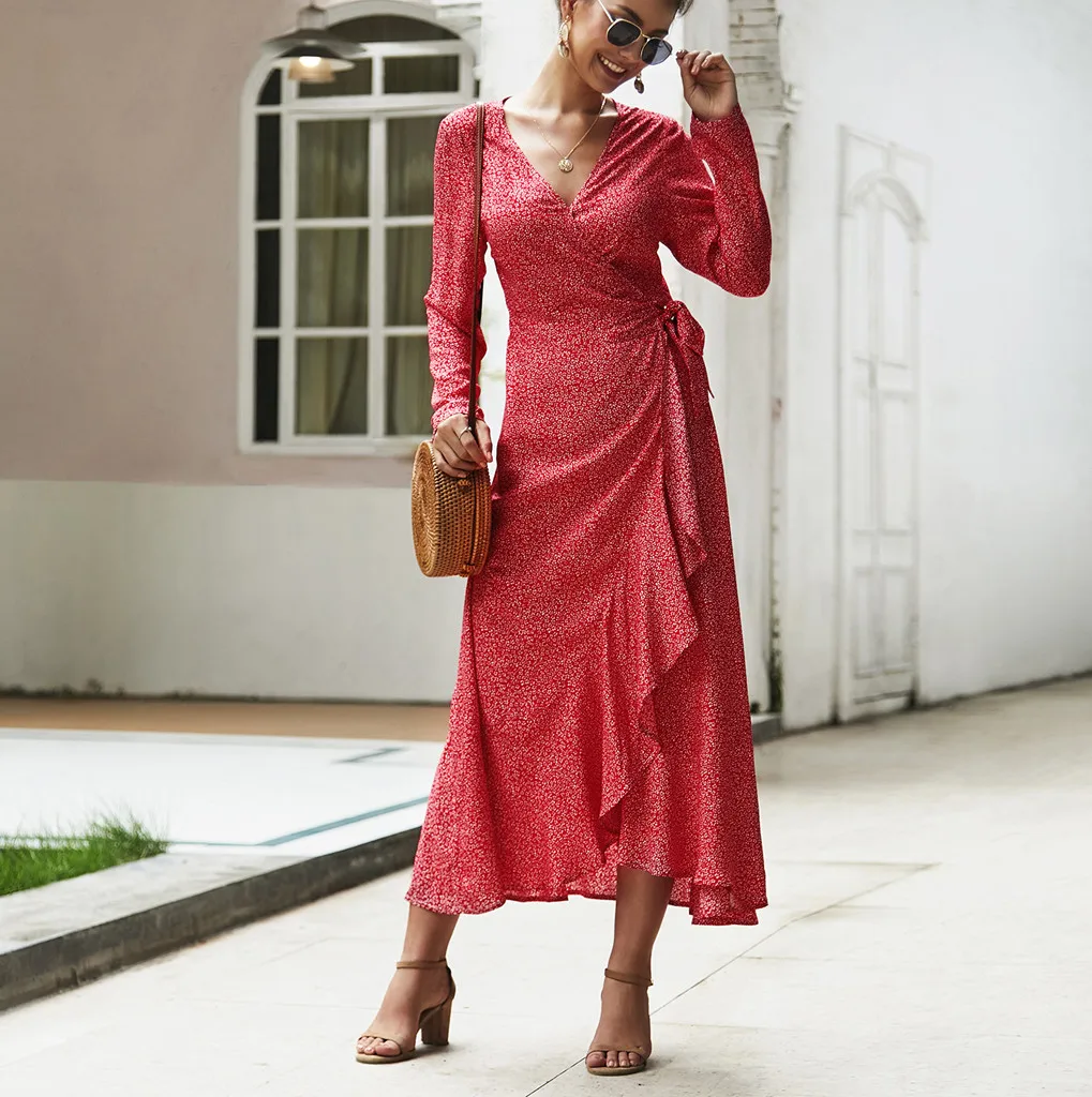 Woman Dress 2019 Fashion Streetwear Long Sleeve Dresses Woman Party Night Boho Sundress Ladies V-Neck Maxi Dress robe femme