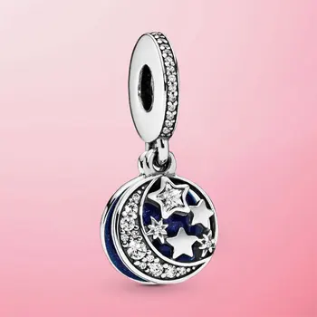 

925 Sterling Silver Moon & Blue Sky Dangle Charm Beads Fit Original Pamura Bracelet Pendant Necklace Jewelry Gift