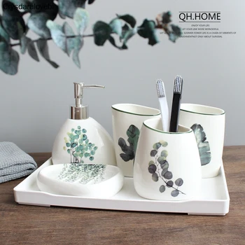 

Nordic green plant ceramic six-piece bathroom products Simple five-piece wedding bath set Bathroom ceramic set melamine tray
