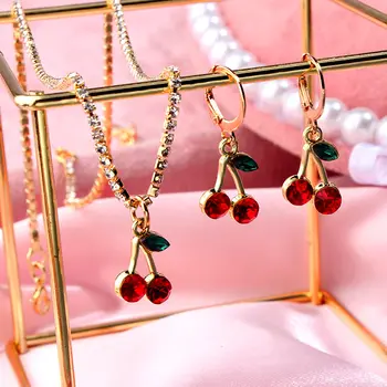 

BYNOUCK New Colorful Cherry Crystal Pendant Earrings For Women Metal Fruit Cherry Dangle Choker Twist Rhinestone Chain Necklaces