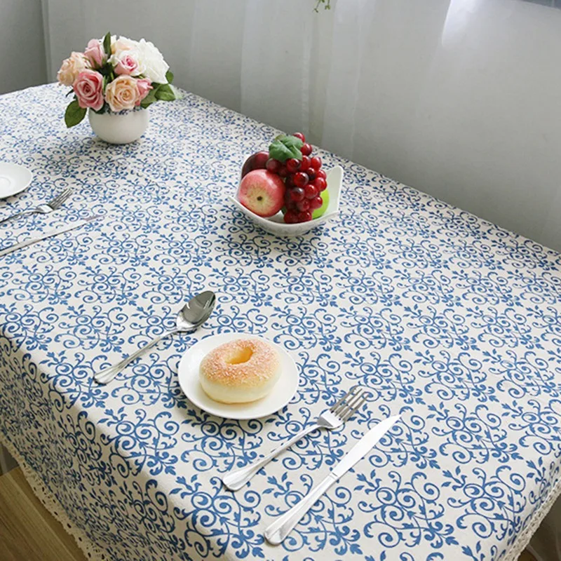 Retro Linen Cotton Tablecloth Washable Coffee Dinner Blue and White Porcelain Table Cloth for Christmas Wedding Banquet