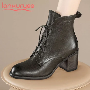 

Lanxuryee 2020 new arrival big size natural leather round toe high heel winter shoes gentlewomen casual zipper ankle boots L3f3