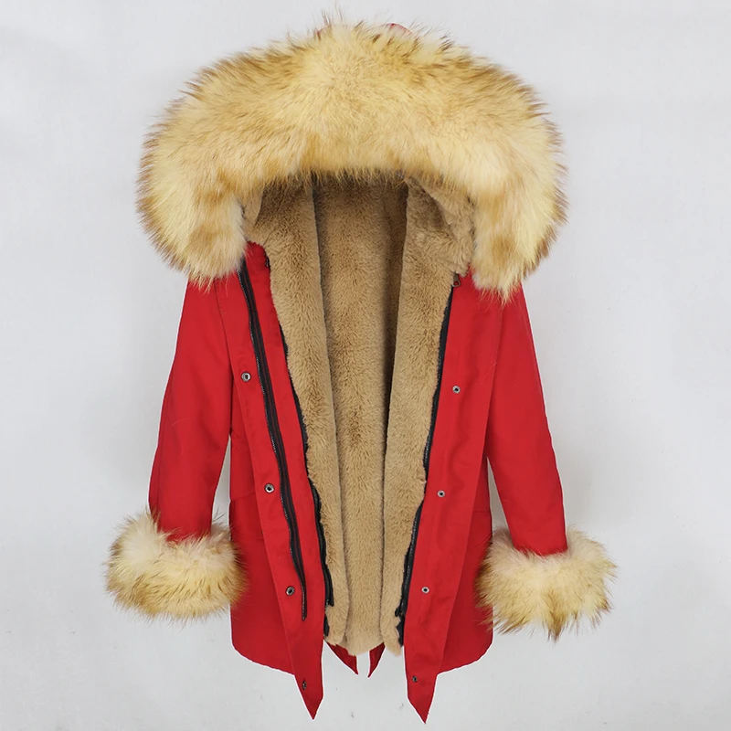 OFTBUY, пальто с натуральным мехом, водонепроницаемая парка, зимняя куртка для женщин, натуральный Лисий меховой капюшон, воротник с манжетами, Толстая теплая верхняя одежда, уличная одежда - Цвет: red gold