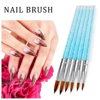 

6Pcs/set Nylon Hair Nail Brush Blue Rhinestone Handle Acrylic Brush Pen Nail Gel Builder Carving Dotting Drawing Tools