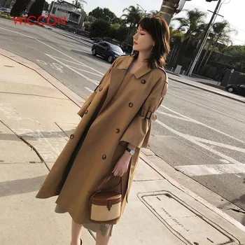 

2020 Spring New Fashion Casual Three Quarter Horn Sleeve Double Breasted Turn-down Collar Ladies Long Windbreaker