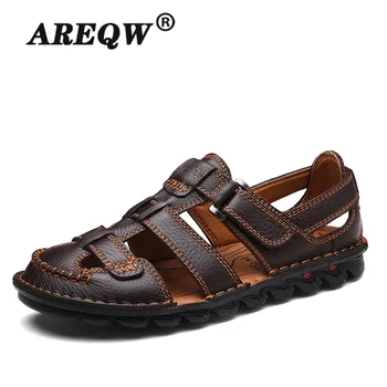 

Comfortable Handmade Men Sandals Genuine Leather Soft Summer Men's Shoes Retro Sewing Casual Beach Shoes Big Size 38-46