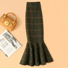 Модные, длинные, до середины икры, шерстяные, зимние, для женщин, плюс размер, S-4XL, стиль русалки, для девушек, высокая талия, оборки, юбки с разрезом