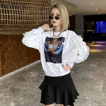 

Europe Style Print Hot Drill Casual Lace O Neck Loose Short Waist Hoodies 2020 Spring New Korean Fashion Women Top V490