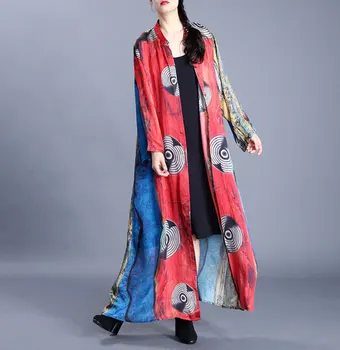 

2020 Spring New Chinese Style Retro Stand Collar Silk Coat Fashion Contrast Color Stitching Printed Cardigan Loose Long Coat