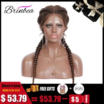 

Brinbea 24 Inch Braided Wigs Soft Lace Front Wig Natural Dutch Twins Brown Braids Hair For Women with Baby Hair Synthetic Wigs