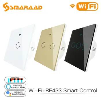 

WiFi Smart Wall Light Switch Glass Panel RF433&Wi-Fi Smart Life Tuya APP Remote Control Works With Alexa Google Home 1/2/3 Gang