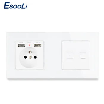 

Esooli Glass Panel French Standard Wall Socket with 2 USB + RJ45 Internet Computer Connector and RJ11 Telephone Outlet