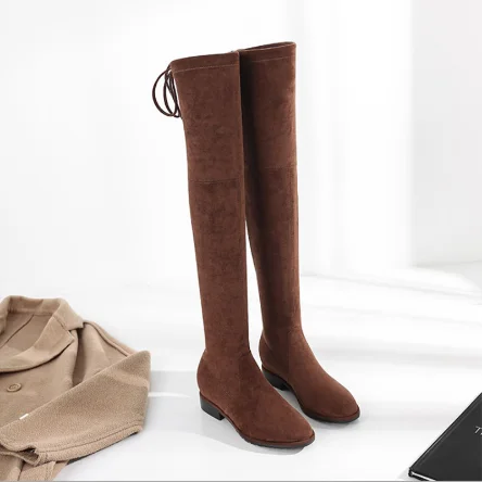 Light brown 2.5CM Женские осенне-зимние сапоги из флиса на не сужающемся книзу массивном каблуке на плоской подошве; обтягивающие сапоги для верховой езды на высоком каблуке; Сапоги выше колена - Цвет: Light brown 2.5CM