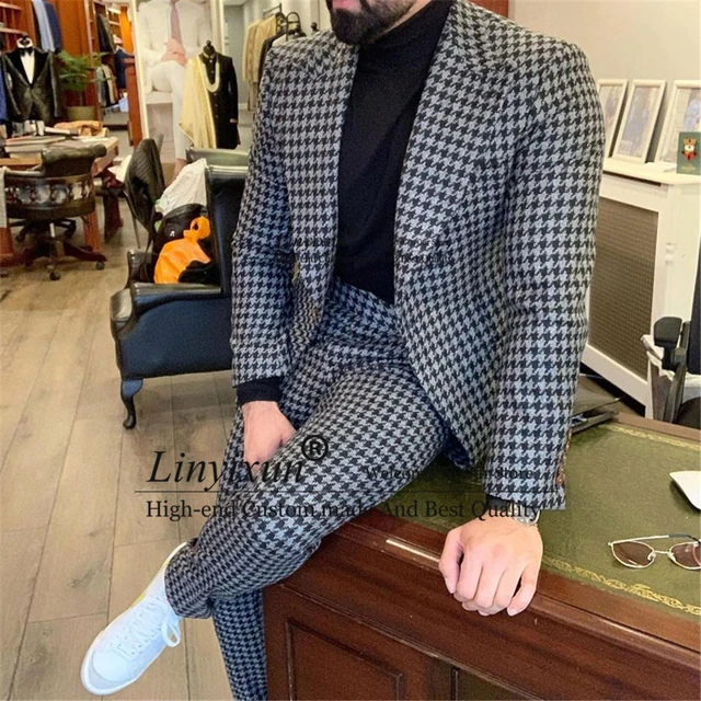Houndstooth Mens Suit Casual Business Slim Fit Blazer Male Winter Prom Groom Wear Tuxedo 2 Piece Set Terno Masculino Jacket+Pant 3