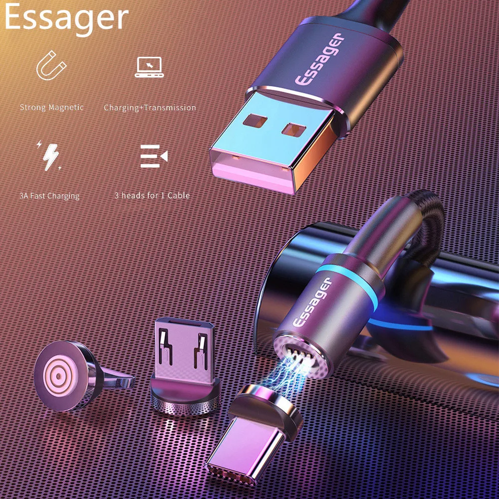 Essager Led Магнитный mi cro USB кабель для быстрой зарядки type c кабель магнитное зарядное устройство, кабель для iPhone 11 XR X Xiaomi mi 9 Red mi Note 7