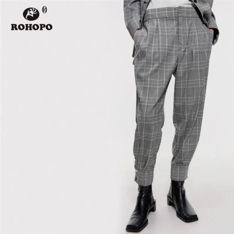 

ROHOPO High Wist Houndstooth Plaid Harem Pant Ladies Autumn Buttons Bottom Back Welted Pockets Grey Full Length Pants #1117