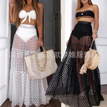 

Adogirl Polka Dots Sheer Mesh Maxi Skirt