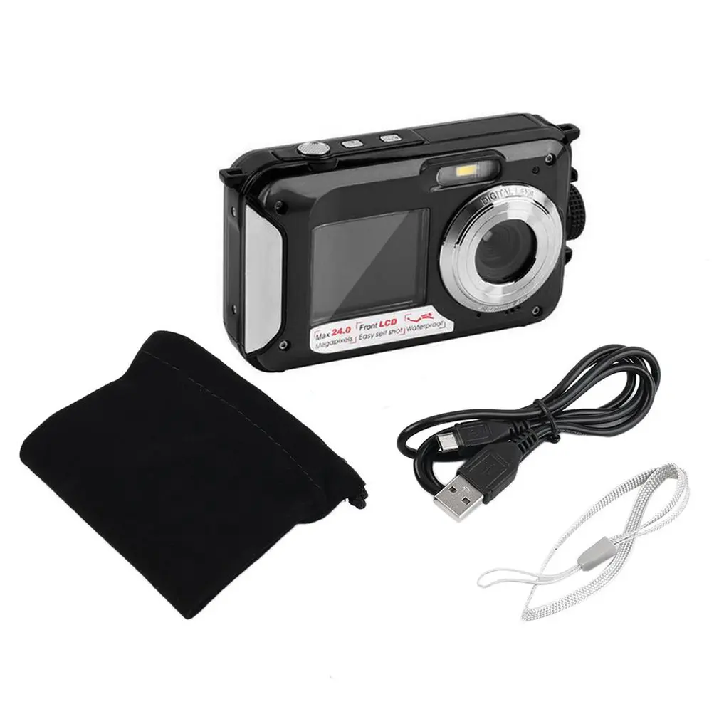 Waterproof Digital Camera Full HD Underwater Camera 24 MP Video Recorder Selfie Dual Screen DV Recording Camera r29 - Цвет: black