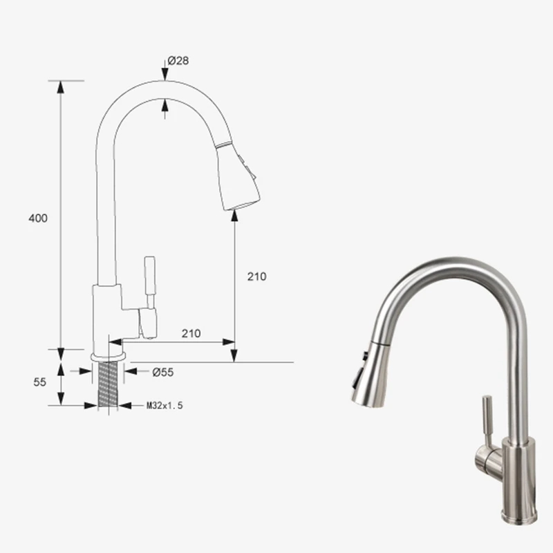 Wholesale And Retail Kitchen Faucet Chrome/ Brushed Deck Mounted Pull Out Sprayer Vessel Sink Cold and Hot Mixer Tap