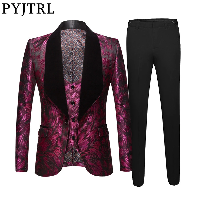 PYJTRL Men 3 Pieces Set Jacquard Burgundy Suits Wedding Groom Tuxedos Evening Party Prom Dress Suits Stage Singers Costume