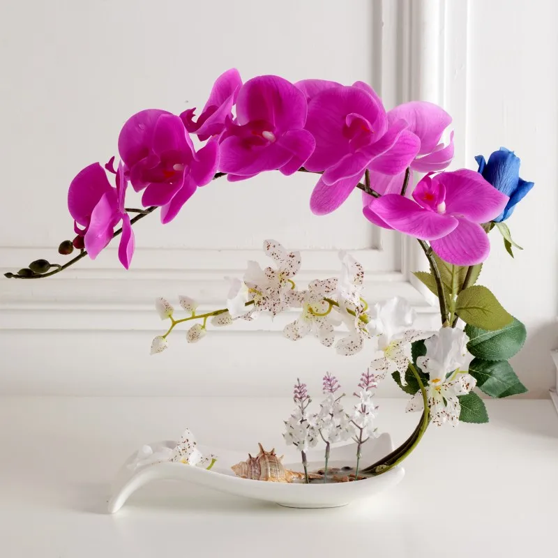 Butterfly Orchid Artificial Flowers Set Fake Flower Ceramic Vase Ornament Phalaenopsis Figurine Home Furnishing Decoration Craft