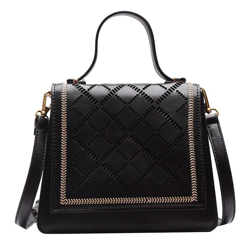 Однотонная кожаная модная маленькая сумочка с клапаном, полые клетчатые сумки через плечо, дизайнерские женские сумки на плечо, модные сумки - Цвет: black
