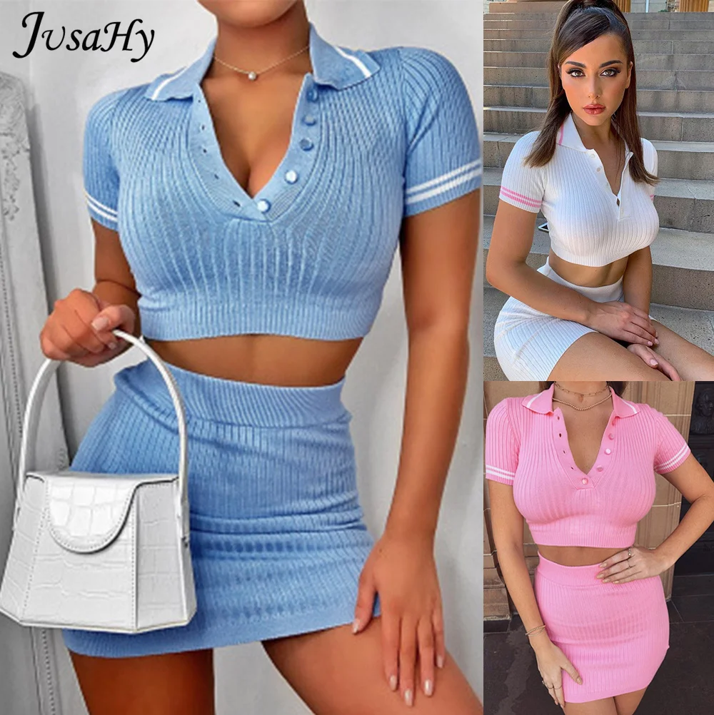

JuSaHy Knitted Summer Fashion Slim Two Piece Set for Women Short Sleeve Polo Shirt +High Waist Elastic Mini Skirt Female Outfit