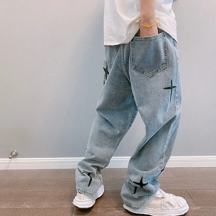 Description Picture 6 of itemLeather Embroidered Cross Vintage Blue Jeans Men's High Street Loose Straight Wide Leg Pants Hip Hop Streetwear Male Baggy Denim