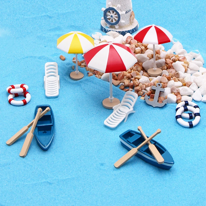 Ocean Beach Style Miniatures Artificial Sunshade Umbella Chair Anchor Micro Landscape For Garden Pastoral DIY Accessories Decor