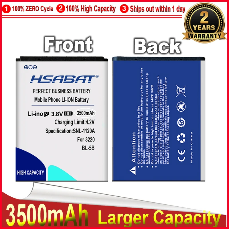 Аккумулятор HSABAT 3500 мА · ч BL-5B для Nokia 3230 5070 5140 5200 5300 5500 6020 6021 6060 6070 6120C 6080 6120 N80 N90 |