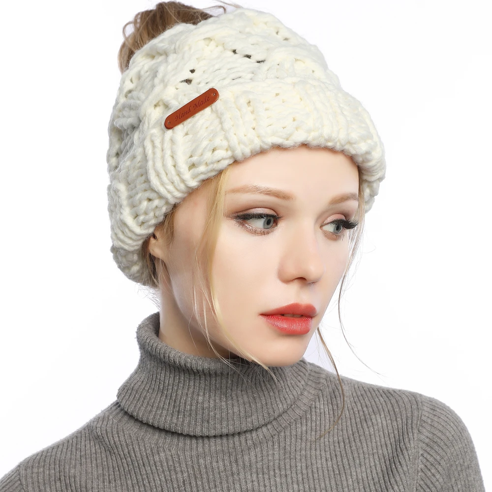 Зимняя мода, женские вязаные шапочки, шапка с конским хвостом, мягкая теплая грубая Корейская элегантная Осенняя шапка Skullies Beanie
