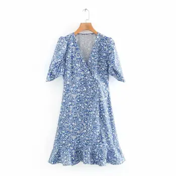 

2020 women vintage pleated puff sleeve floral print hem ruffles blue mini dress chic female vestidos casual slim dresses DS3701