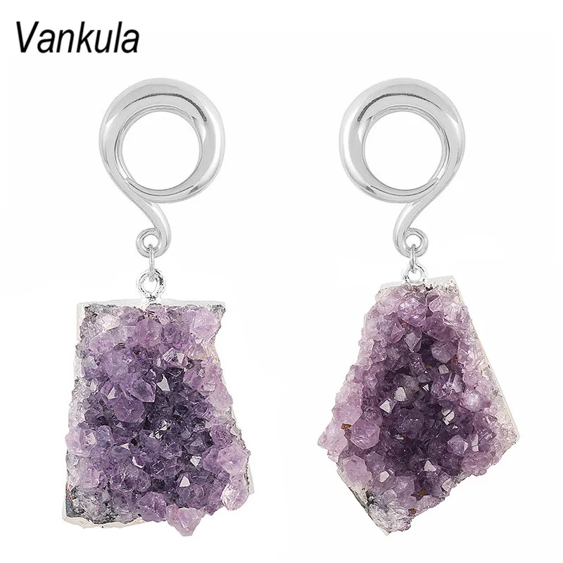 

Vankula Natural Stone purple Ear Flesh Tunnel Ear Weights 316L Stainless Steel Hook Ear Piercing Hangers wholesale