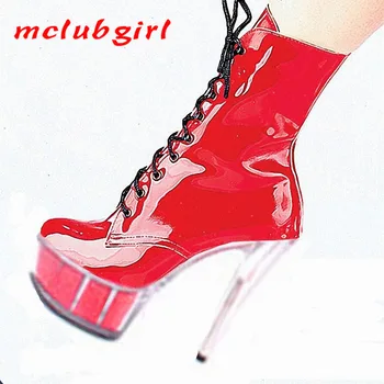 

Mclubgirl Red Patient PU Sexy Club Boots Star Performance Steel Boots Ribs Core Supermodel Runway Shoes Photo Boots LYP