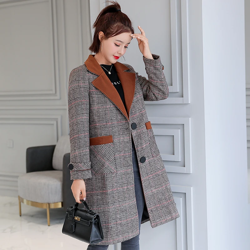 Женское шерстяное клетчатое пальто новая мода длинное 2019 Осень Зима теплые