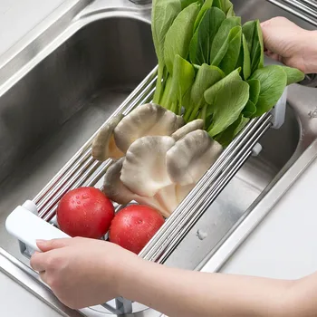 

New 38.5-60CM Telescopic Stainless Steel Kitchen Over Sink Dishes Drying Rack Fruit Vegetable Tray Drainer Organizer