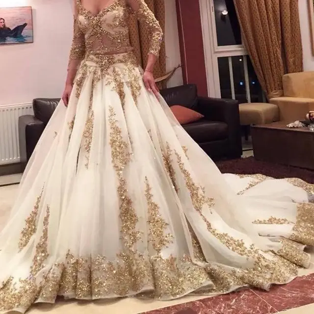 2019 Luxury Indian White Wedding Dresses With Gold Applique Deep V Neck Long Sleeves Bridal Gowns Custom Vestido De Novia Wedding Dresses Aliexpress