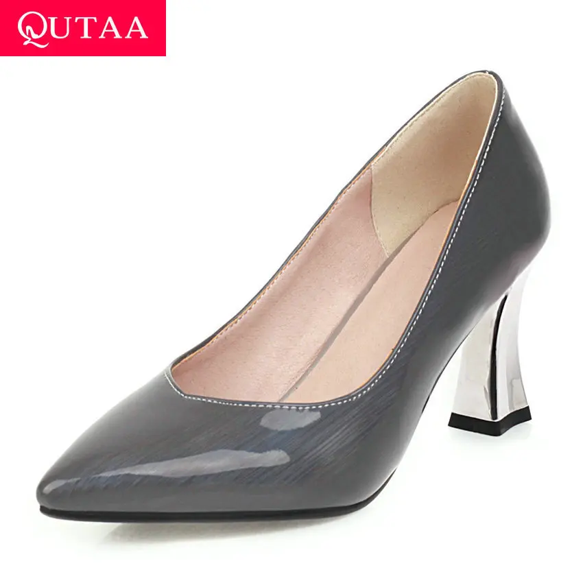 

QUTAA 2020 PU Leather Spring Autumn Fashion Ladies Pumps Sexy Pointed Toe Hoof Heel Slip on Women Single Shoes Big Size 34-43