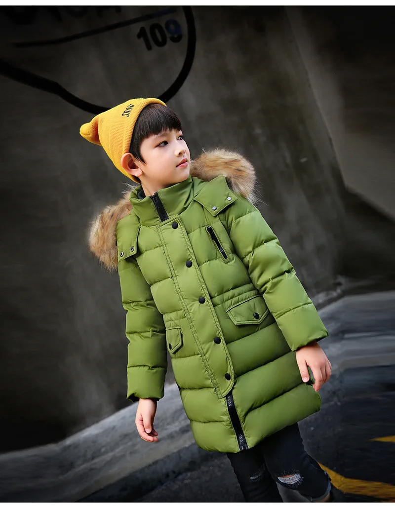 Новые детские зимние куртки-пуховики Одежда для девочек плотная теплая Длинная Верхняя одежда с капюшоном для мальчиков детская парка одежда для малышей