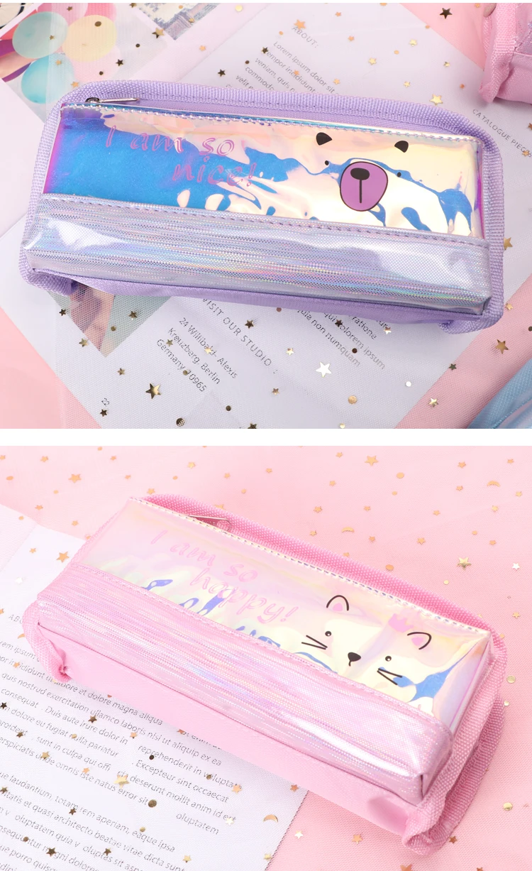 Розовая мультяшная Сумка-карандаш kawaii на молнии для студентов, канцелярская ткань, лазерная сумка-карандаш с животными для девочек и детей
