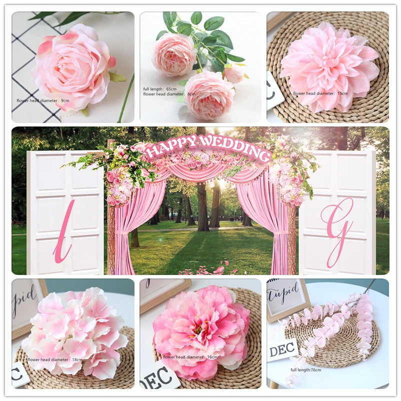 

Pink Color Artificial Flower Wedding Rose Peony Hydrangea Plant Bouquet Wedding Decoration DIY Home Party Fake Flowers