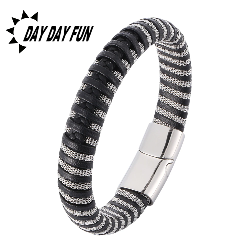 

Newest Steel Chain Braided Leather Bracelet Men Fashion Jewelry Punk Magnetic Clasp Leather Male Wrist Band Birthday Gift E0400