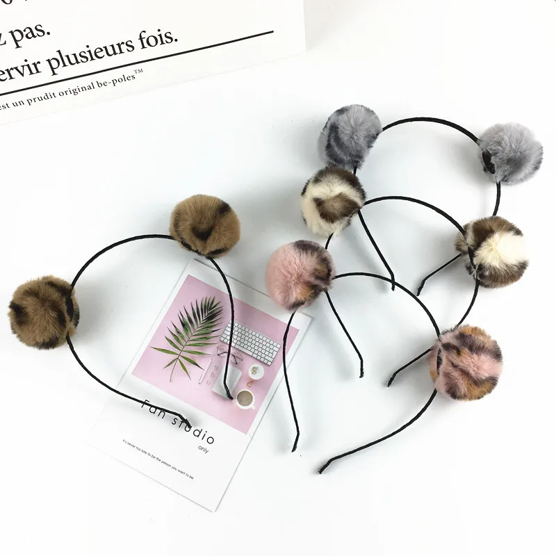 

Cute Solid Pom Hairband Leopard Colorful Plush Ball Girls Headband Fur Washing Face Makeup Headwear Sweet Women Hair Accessories