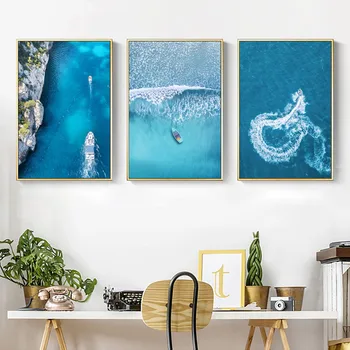 

Scandinavian Style Blue Sea And Launch Landscape Art Canvas Painting Sea Art Wall Pictures For Living Room Bedroom Decor Paints