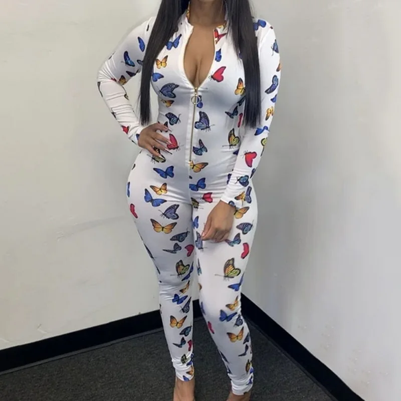 

New Women 1-piece Bodysuit Long Sleeve Deep V Neck Bodycon Cute Print Leotard Button Romper Pajamas Women Jumpsuit Overalls