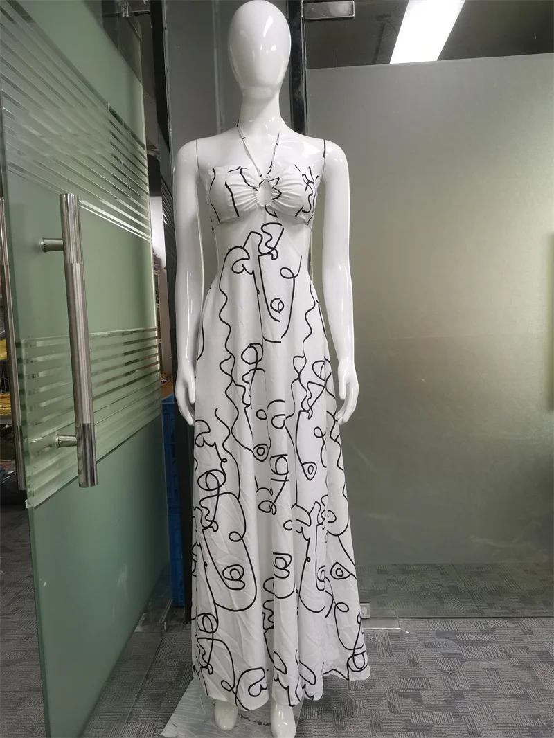 LIYONG Print Sexy Maxi Dress Women Backless Halter Summer Beach Dresses Hollow Out Sleeveless Loose Elegant Party Vestidos 2022