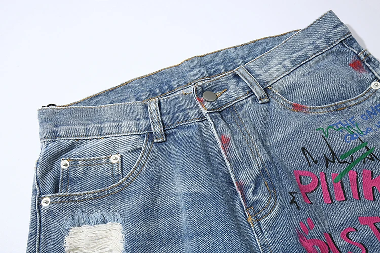 Мужские рваные уличные рваные джинсы с принтом граффити хипстерские хип-хоп рваные свободные хлопковые повседневные джинсовые брюки